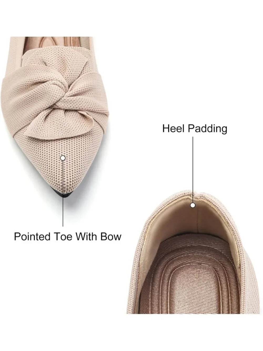 Women's Beige Pointed Toe Ballet Flats with Bow Comfortable Knit Dressy Shoes
